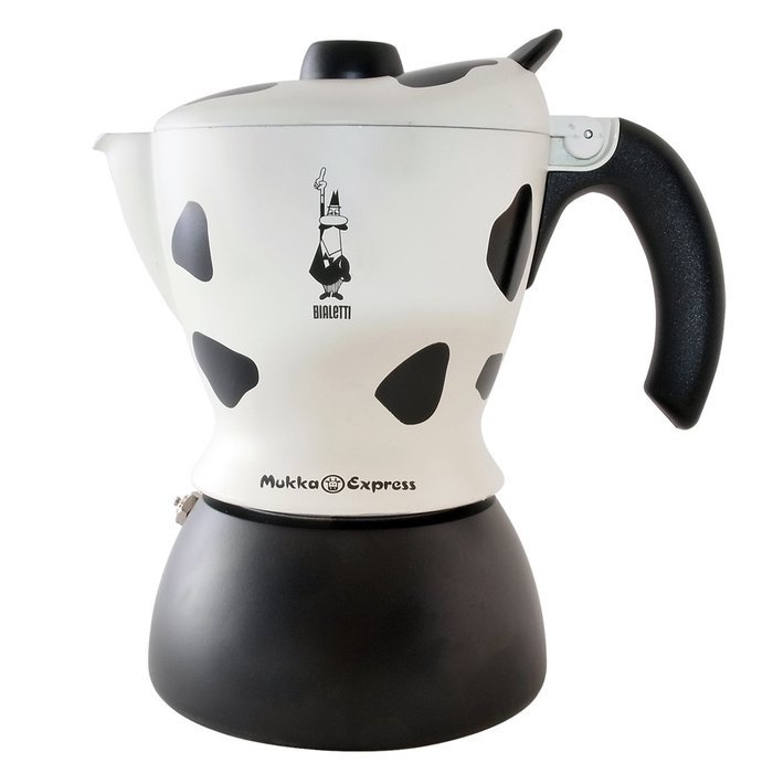 Bialetti Mukka Express 2-Cup Cow-Print Stovetop Cappuccino Maker, Black and White N5