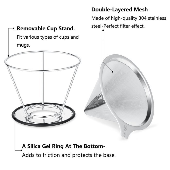 Bernito Stainless Steel Pour Over Coffee Dripper - Paperless Reusable Pour Over Coffee Filter and Double Mesh... N4