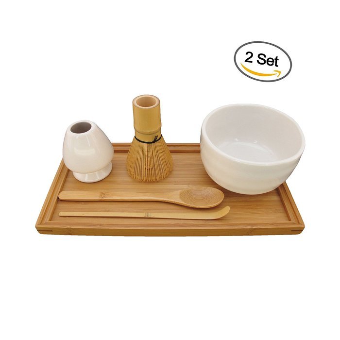 BambooMN Brand - Matcha Bowl Set (Includes Bowl, Rest,Tea Whisk, Chasaku, Tea Spoon & Tray) 1 Set Soft Light Green N3