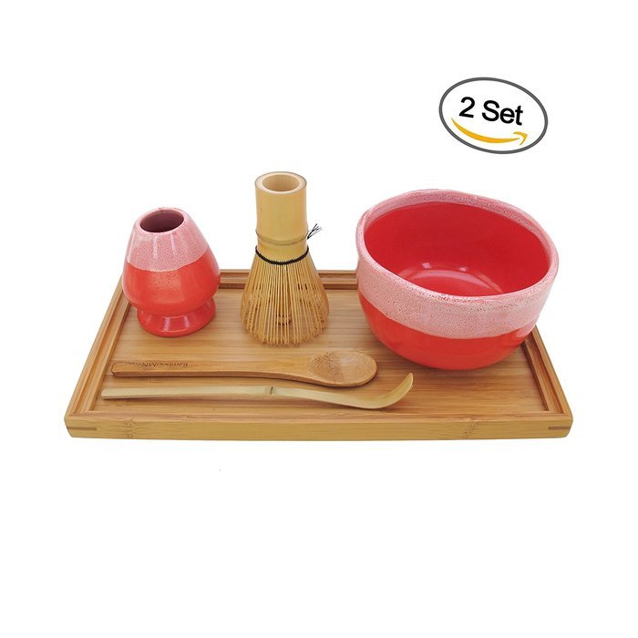 BambooMN Brand - Matcha Bowl Set (Includes Bowl, Rest,Tea Whisk, Chasaku, Tea Spoon & Tray) 1 Set Soft Light Green N5