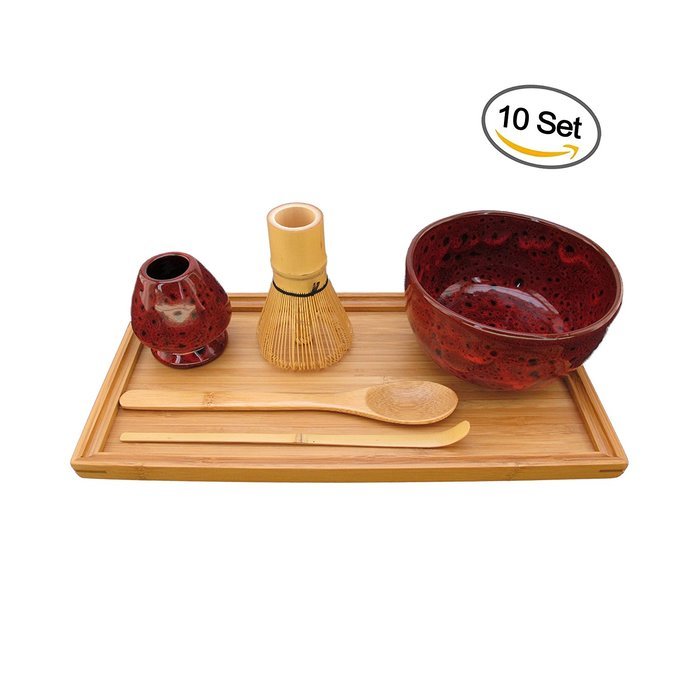 BambooMN Brand - Matcha Bowl Set (Includes Bowl, Rest,Tea Whisk, Chasaku, Tea Spoon & Tray) 1 Set Soft Light Green N6