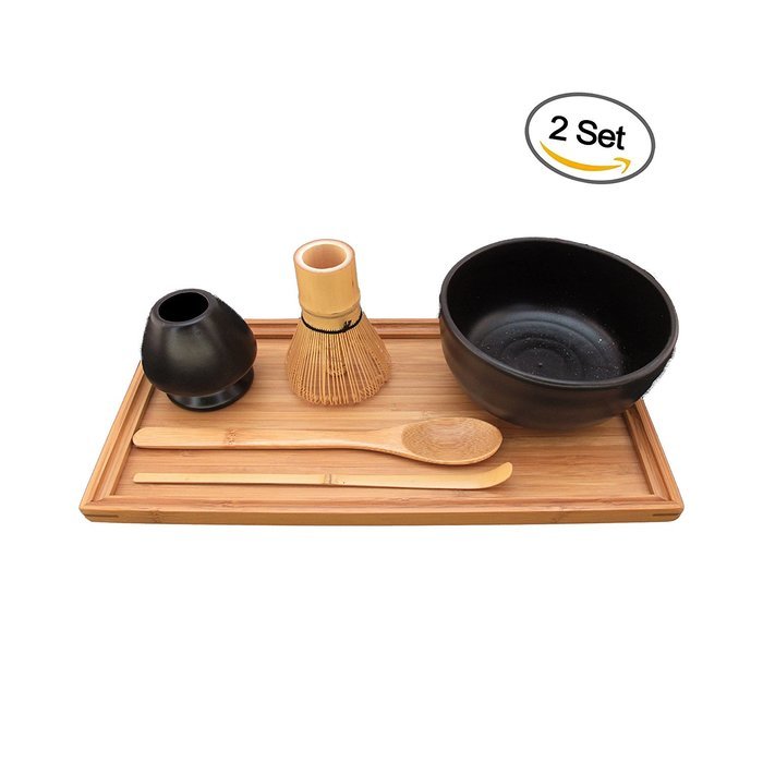 BambooMN Brand - Matcha Bowl Set (Includes Bowl, Rest,Tea Whisk, Chasaku, Tea Spoon & Tray) 1 Set Soft Light Green N9