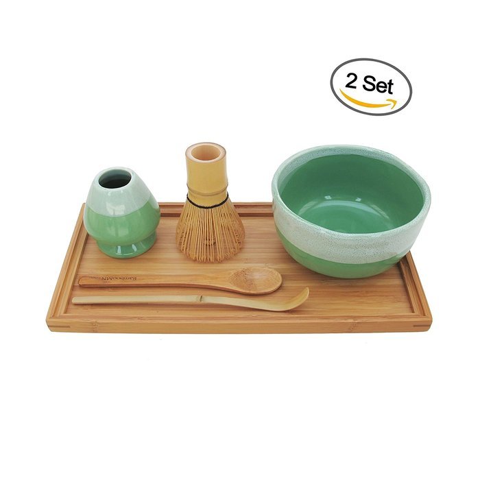 BambooMN Brand - Matcha Bowl Set (Includes Bowl, Rest,Tea Whisk, Chasaku, Tea Spoon & Tray) 1 Set Soft Light Green N10