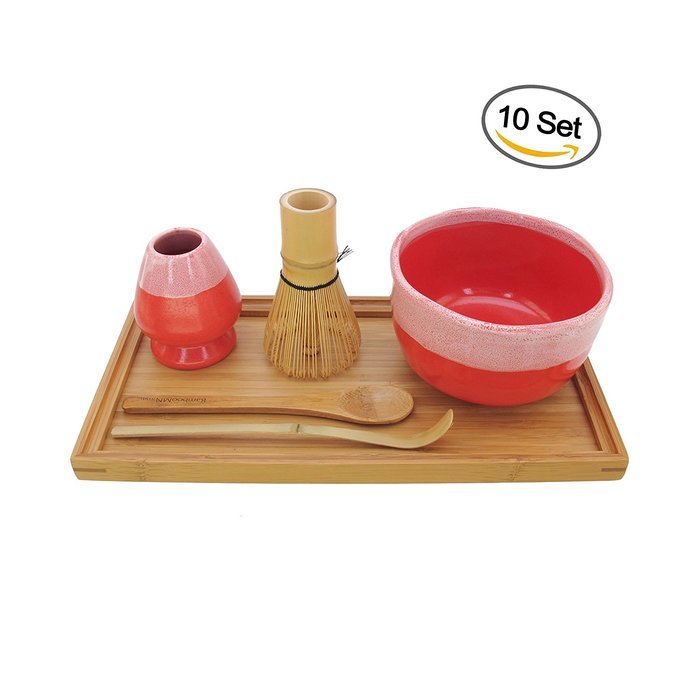BambooMN Brand - Matcha Bowl Set (Includes Bowl, Rest,Tea Whisk, Chasaku, Tea Spoon & Tray) 1 Set Soft Light Green N11