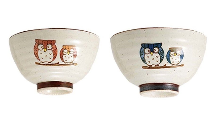 Saikai Pottery Pair Owl Japanese Bowl for rice M size 38847 and L size 38846 Two bowls set!! from Japan