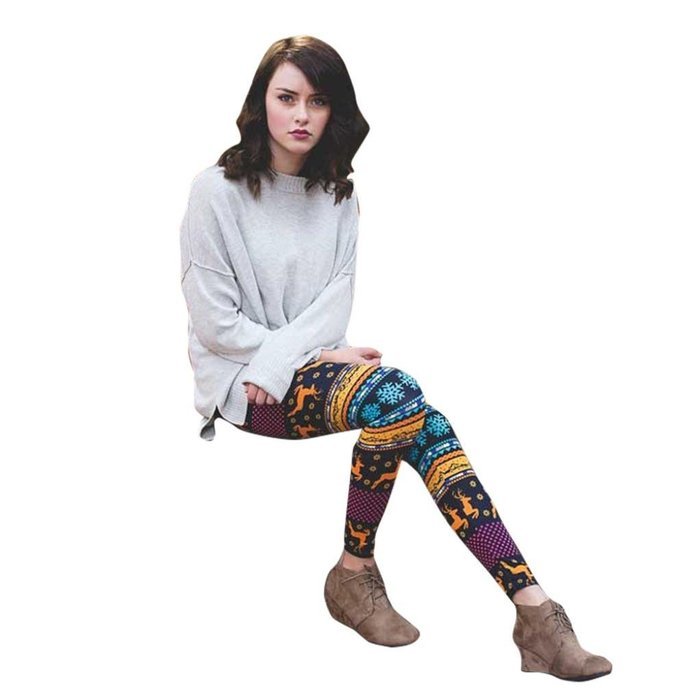 PHOTNO Women Skinny Christmas Elk Print Stretchy Pants Slim Leggings N14