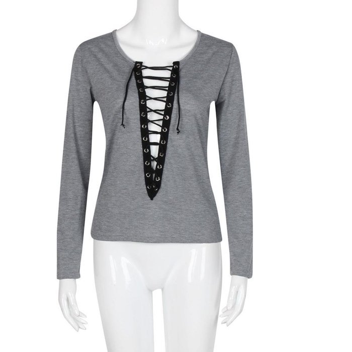 Bandage Blouse,Laimeng Women Cotton Blend Autumn Winter Strap Casual Shirt T-shirt Top Blouse (M, Gray) N5