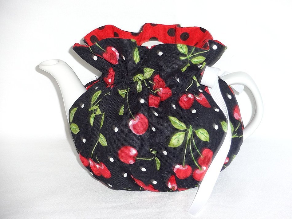 2 Cup Pretty Cherries on Black Reversible Tea Pot Cozy