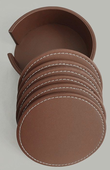 XICHEN&reg; Leather Coasters - Upscale With Coaster Holder Sleek -6 Piece Set With Holder (Chocolate Brown) N6