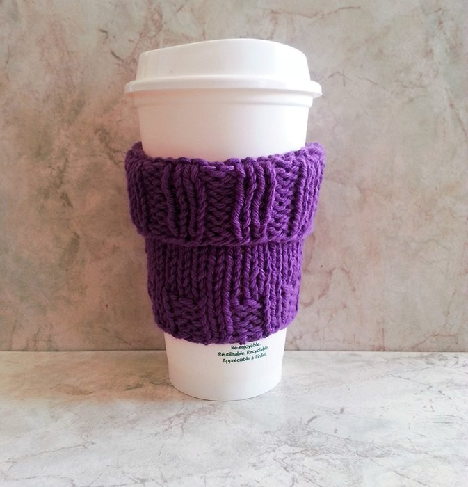 Coffee Cup Cozy Sleeve Hand Knit Cotton Purple Amethyst Mug Cozy fits a "Short" or "Grande" Coffee N3