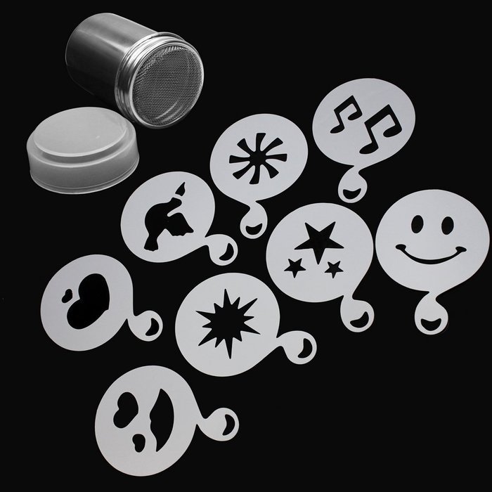 ReFaxi&reg; Durable Stainless Steel Chocolate Dredge Shaker Cocoa Flour Coffee Sifter + 8x Cappuccino Coffee Stencils... N4