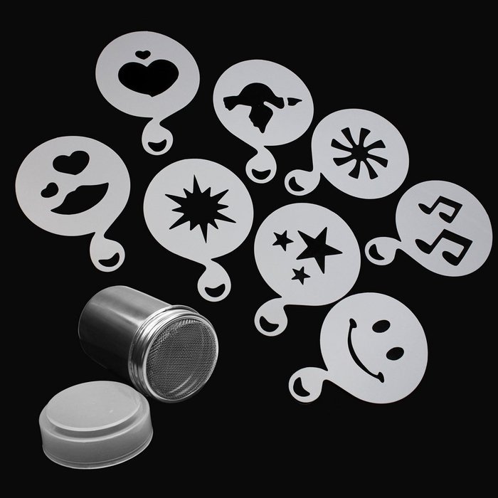 ReFaxi&reg; Durable Stainless Steel Chocolate Dredge Shaker Cocoa Flour Coffee Sifter + 8x Cappuccino Coffee Stencils... N5