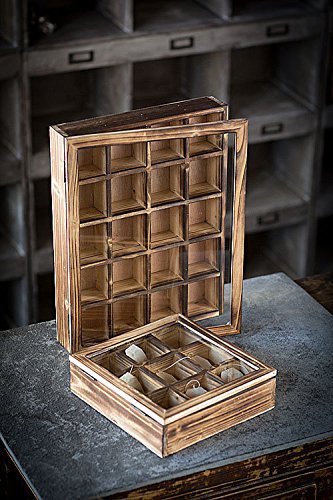 Oohlong Market, Rustic Style Pine 20 Compartment Tea Cubby Box with Hinged Glass Top N2