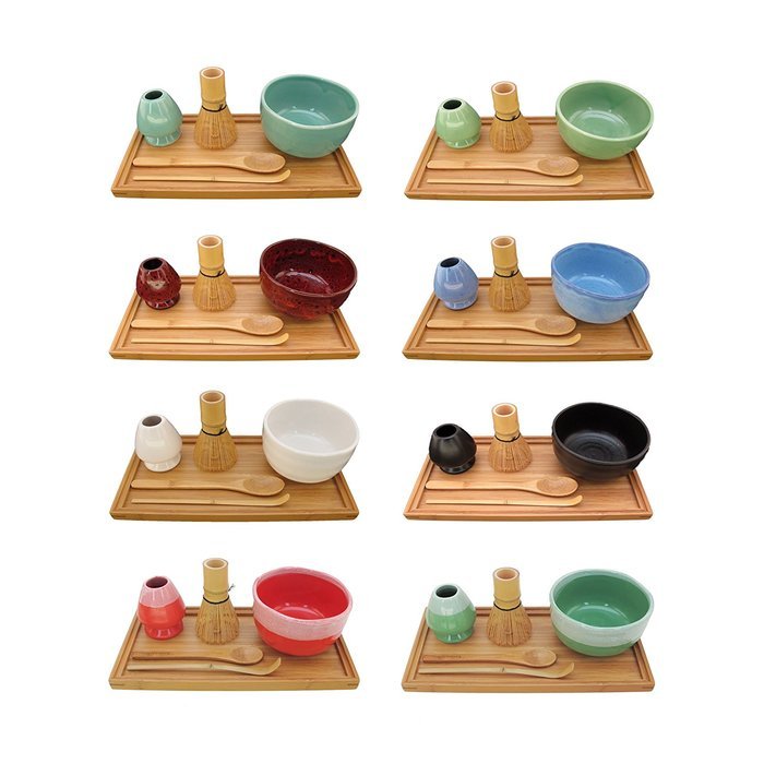 BambooMN Brand - Matcha Bowl Set (Includes Bowl, Rest,Tea Whisk, Chasaku, Tea Spoon & Tray) 1 Set Soft Light Green N13