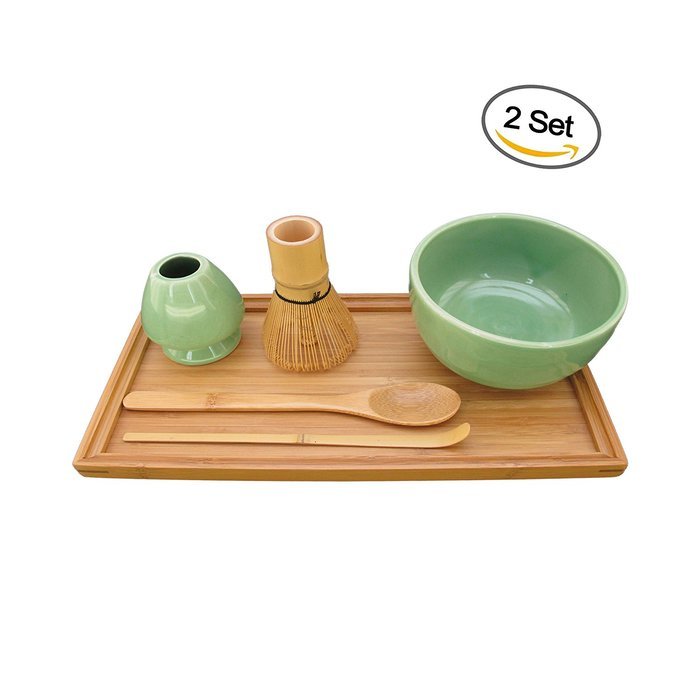 BambooMN Brand - Matcha Bowl Set (Includes Bowl, Rest,Tea Whisk, Chasaku, Tea Spoon & Tray) 1 Set Soft Light Green N16