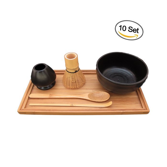 BambooMN Brand - Matcha Bowl Set (Includes Bowl, Rest,Tea Whisk, Chasaku, Tea Spoon & Tray) 1 Set Soft Light Green N17