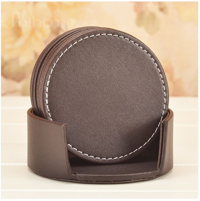 XICHEN&reg; Leather Coasters - Upscale With Coaster Holder Sleek -6 Piece Set With Holder (Chocolate Brown) N7