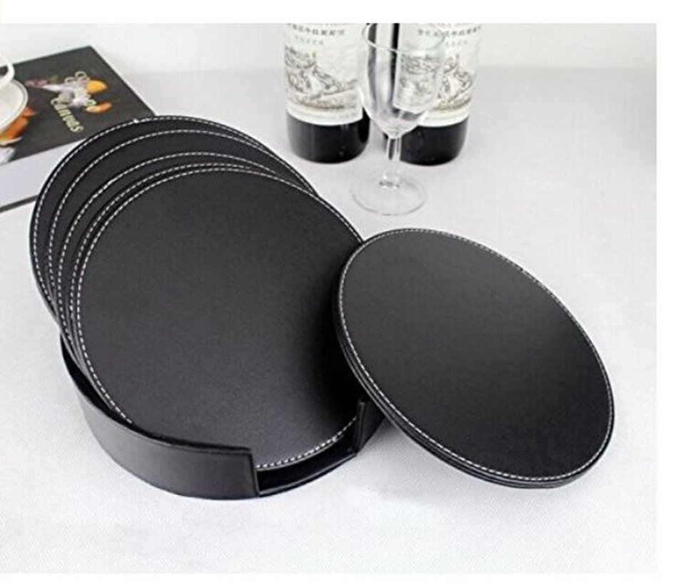XICHEN&reg; Leather Coasters - Upscale With Coaster Holder Sleek -6 Piece Set With Holder (Chocolate Brown) N8