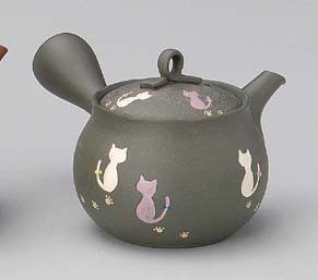 Yamakikai Black Kyusu(Japanese teapot)with Pink & Yellow Cats 230cc M749 from Japan N3