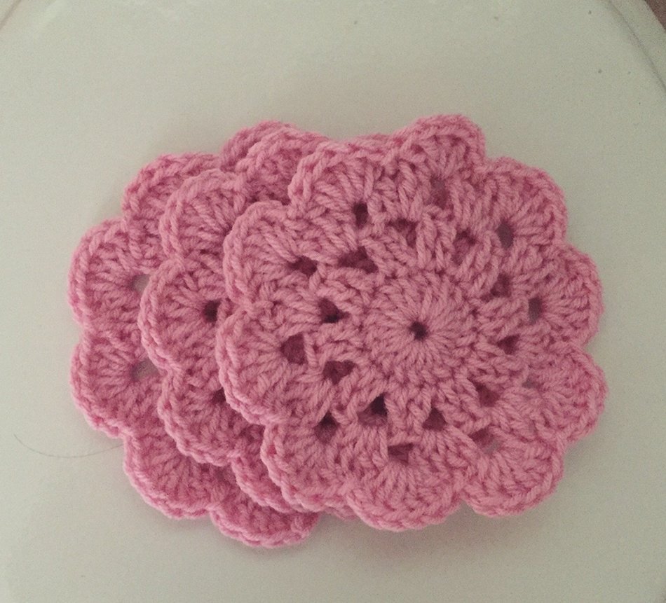Crochet Pink Flower Drink Coaster Set of 3
