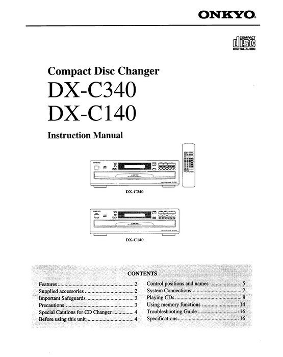 Onkyo DX-C340 6 Disc Compact Disc CD Changer Complete With Remote and Instruction Manual