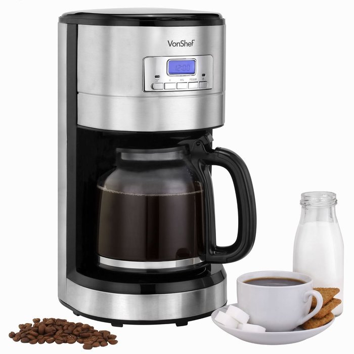 VonShef Programmable Digital Coffee Maker with Measuring Spoon- 12 Cup Capacity N4