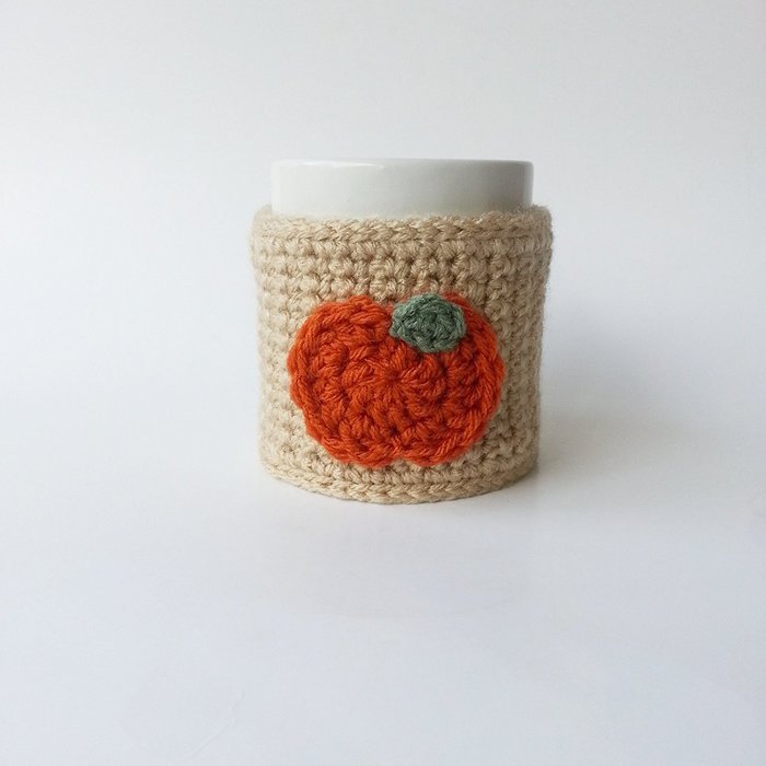 Handmade Coffee Mug Cozy Tan with Pumpkin Applique