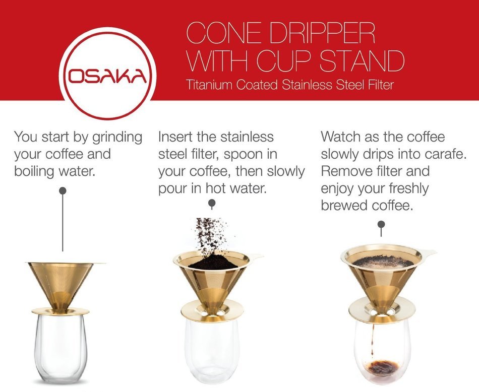 Osaka Titanium Coated Pour Over Cone Dripper, Reusable Stainless Steel Coffee Filter with Cup Stand "Himeji-jo" N7