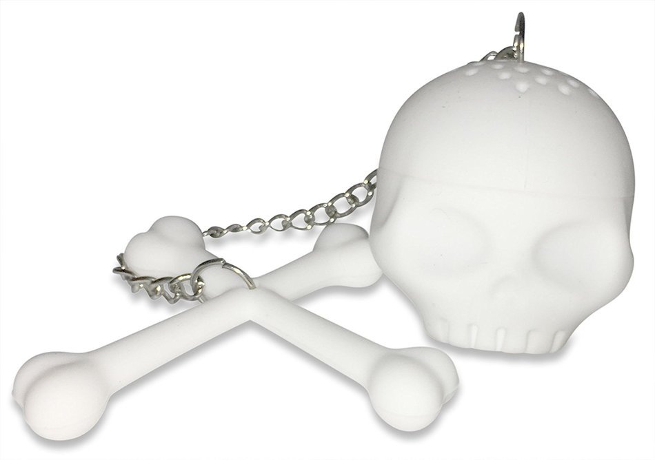 Skull Tea Set: Strainer Infuser, Ice Cube Tray, Teaspoon - Stocking Stuffer Gift (Black Magic) N4
