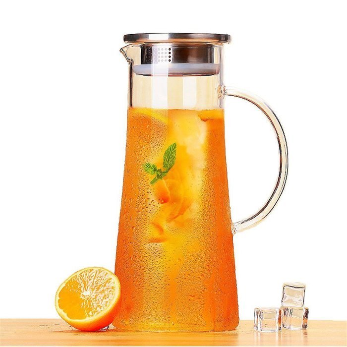 Artcome 1.5 Liter / 52 Oz Hand Made Glass Water Pitcher with Stainless Steel Strainer Lid N6