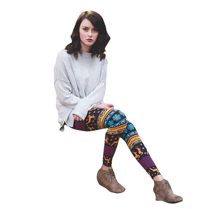 PHOTNO Women Skinny Christmas Elk Print Stretchy Pants Slim Leggings N17