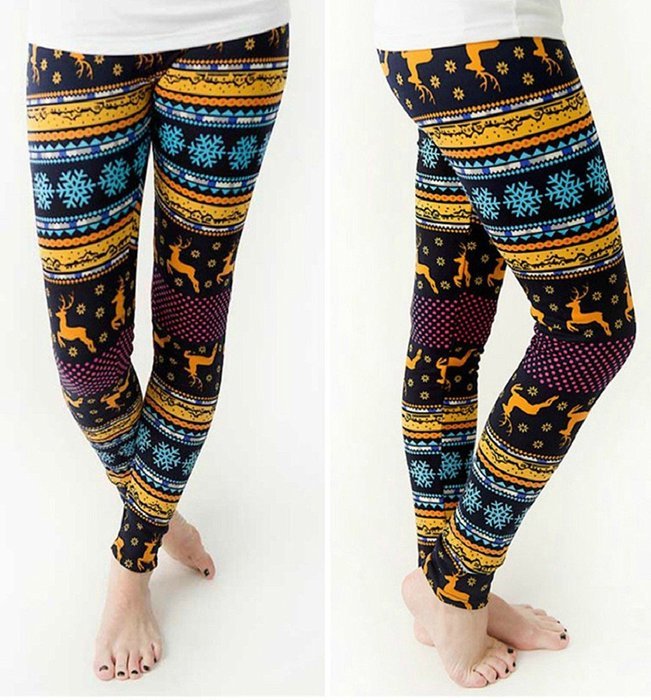 PHOTNO Women Skinny Christmas Elk Print Stretchy Pants Slim Leggings N18