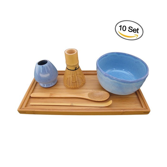 BambooMN Brand - Matcha Bowl Set (Includes Bowl, Rest,Tea Whisk, Chasaku, Tea Spoon & Tray) 1 Set Soft Light Green N20