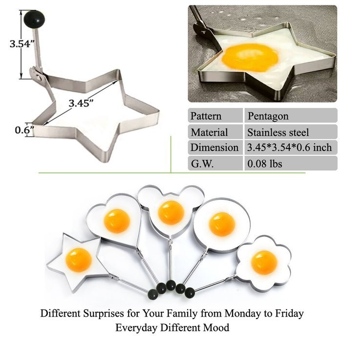 Jason&Aerobic Fried Egg Mold Stainless Steel 5 Patterns Pacakage of 5 N6