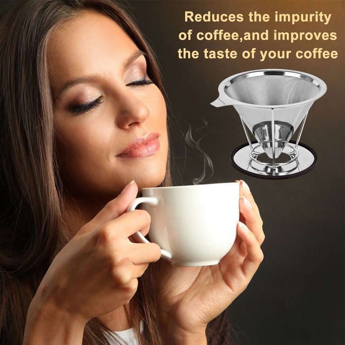 Paperless Pour Over Coffee Dripper by Possiave - Permanent Reusable Stainless Steel Durable Cone Coffee Filter... N15
