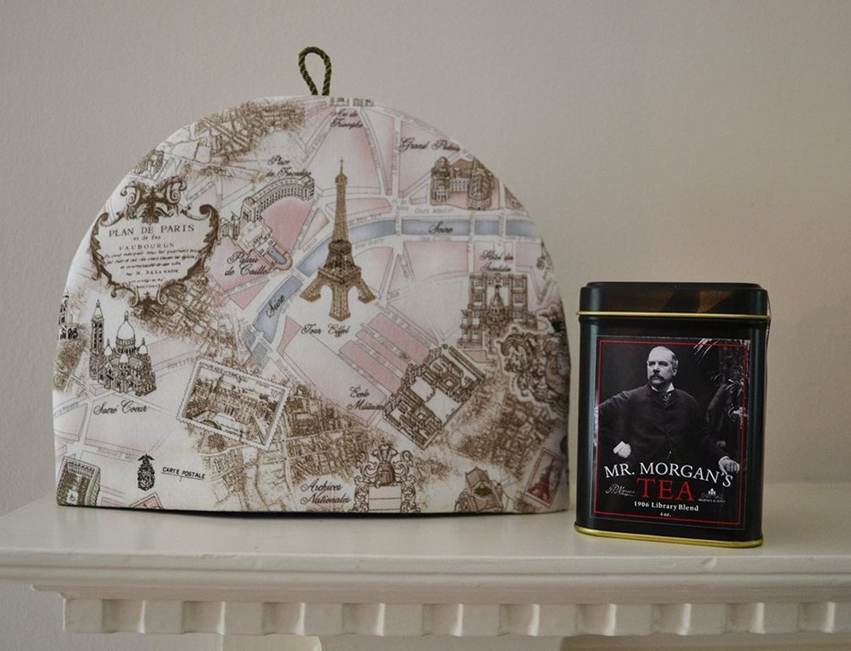 Paris Map Artisanal InsulatedTea Cozy - Soft Hues of Pink Blue and Caf&eacute; au Lait