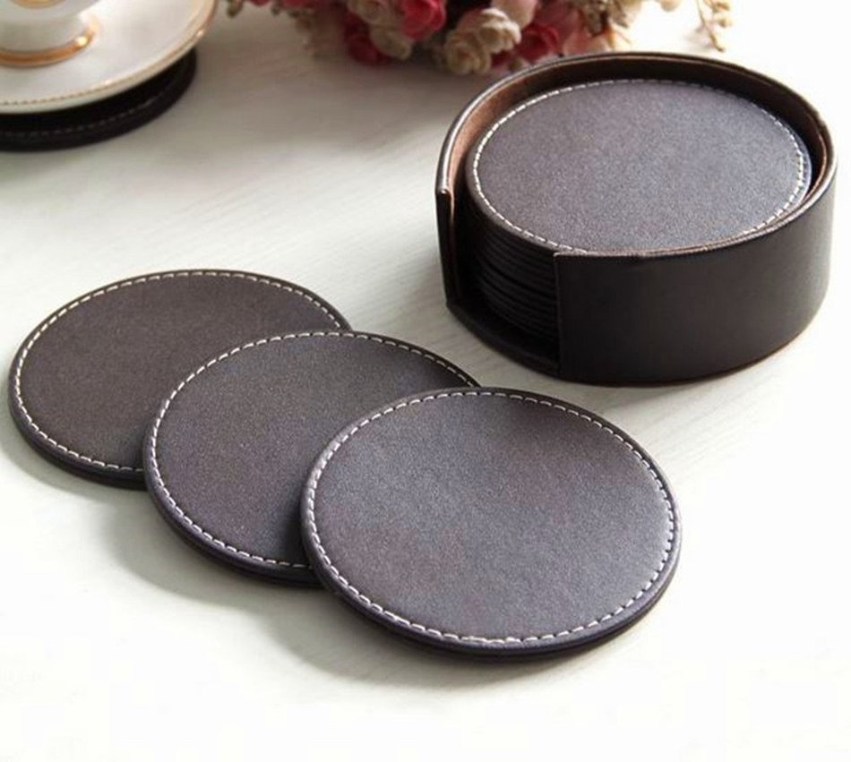 XICHEN&reg; Leather Coasters - Upscale With Coaster Holder Sleek -6 Piece Set With Holder (Chocolate Brown) N10
