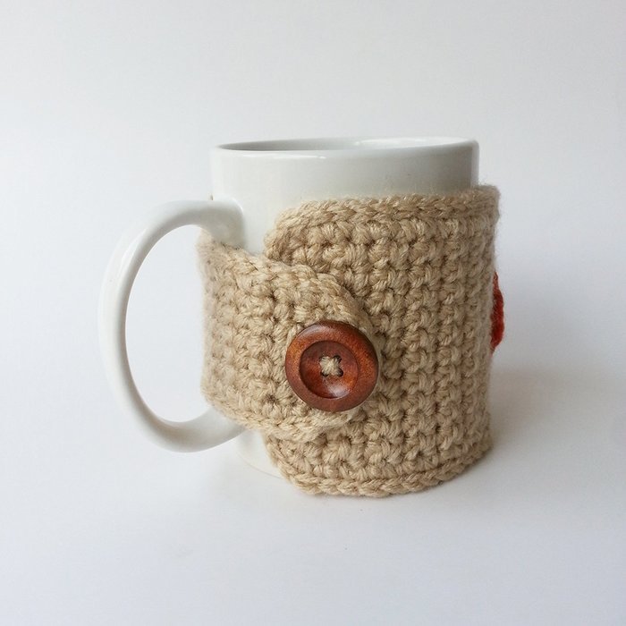 Handmade Coffee Mug Cozy Tan with Pumpkin Applique N3