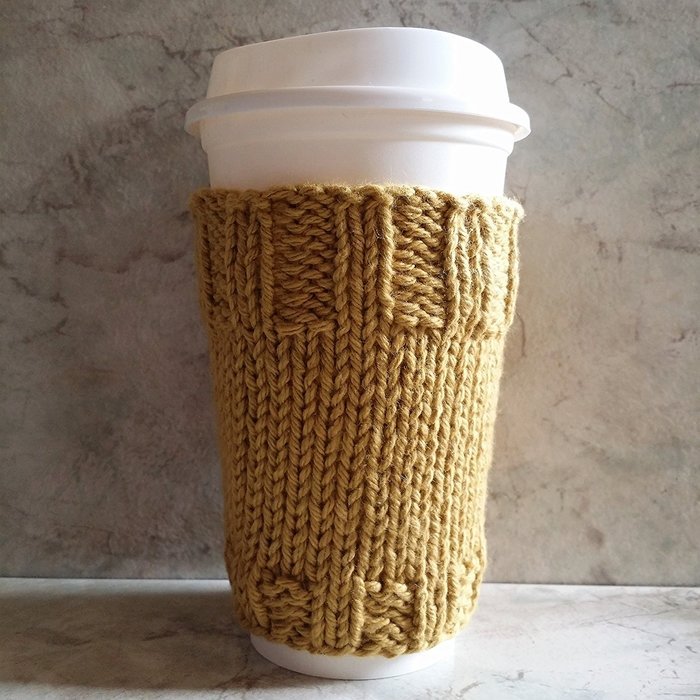 2 in 1 Coffee Cup Cozy Sleeve Hand Knit Cotton Mustard Mug Cozy fits a "Short" or "Grande" Coffee N3