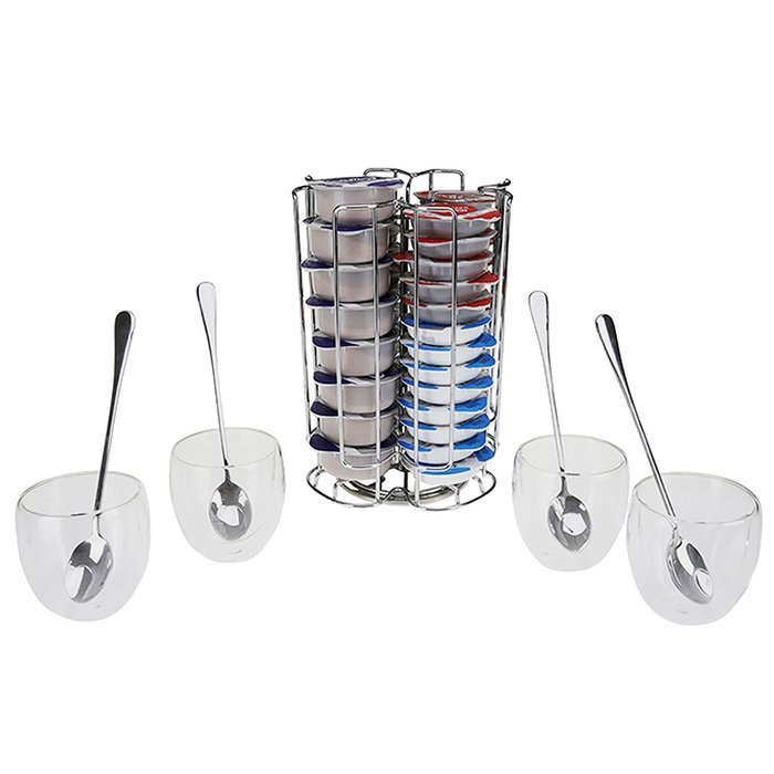 First4Spares Premium Chrome 52 Pod Coffee Pod Holder Stand & Glass Service Set for Tassimo T-Disc Coffee Machines N4