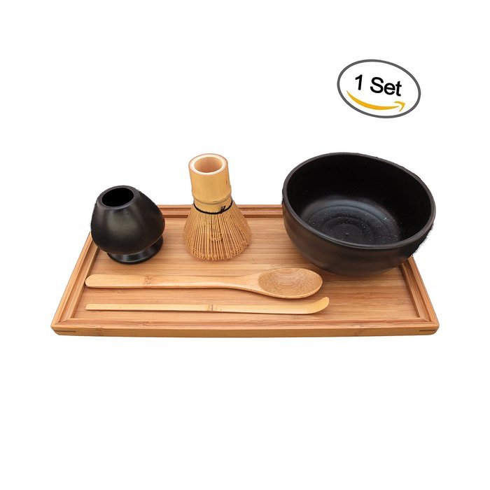 BambooMN Brand - Matcha Bowl Set (Includes Bowl, Rest,Tea Whisk, Chasaku, Tea Spoon & Tray) 1 Set Soft Light Green N23