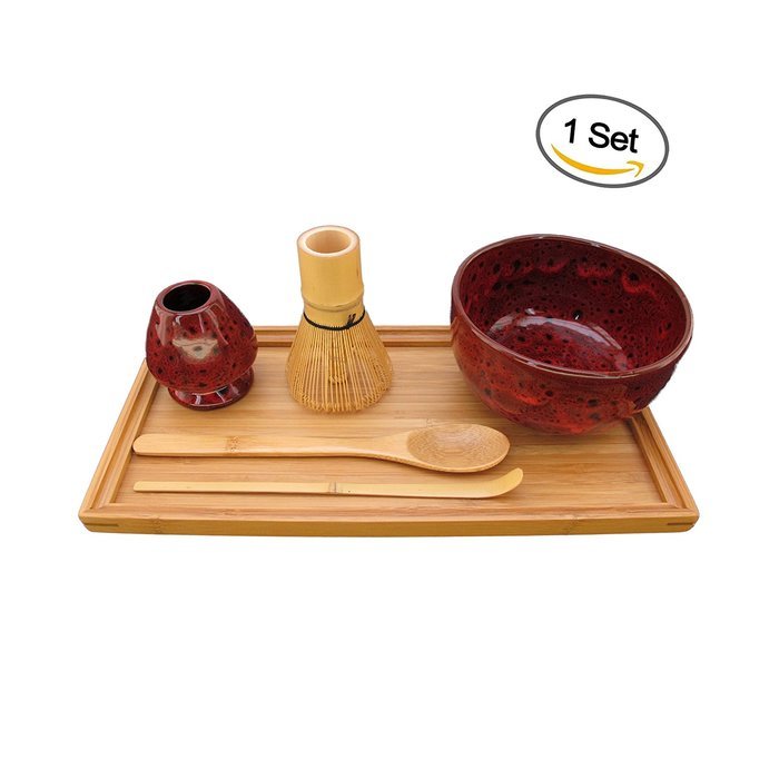 BambooMN Brand - Matcha Bowl Set (Includes Bowl, Rest,Tea Whisk, Chasaku, Tea Spoon & Tray) 1 Set Soft Light Green N24
