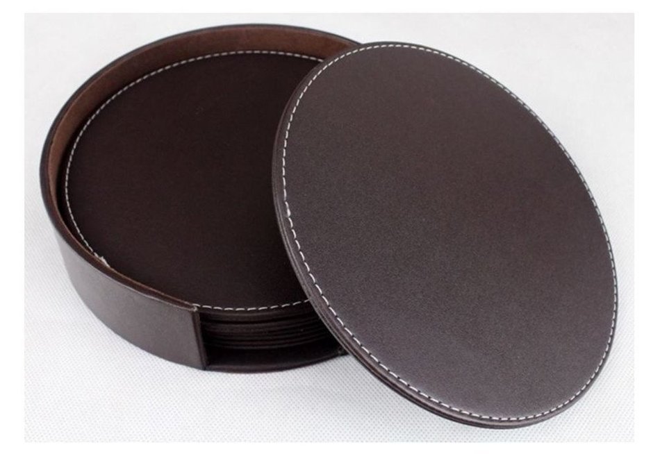XICHEN&reg; Leather Coasters - Upscale With Coaster Holder Sleek -6 Piece Set With Holder (Chocolate Brown) N15