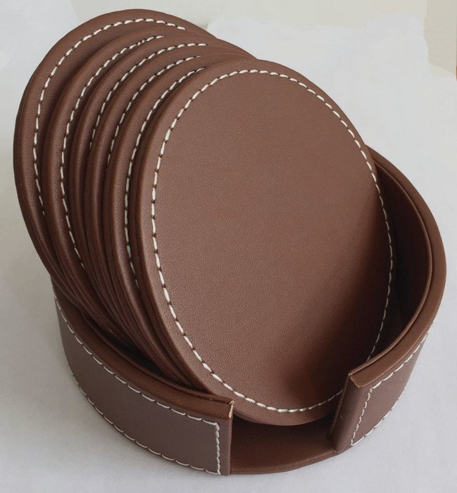 XICHEN&reg; Leather Coasters - Upscale With Coaster Holder Sleek -6 Piece Set With Holder (Chocolate Brown) N19