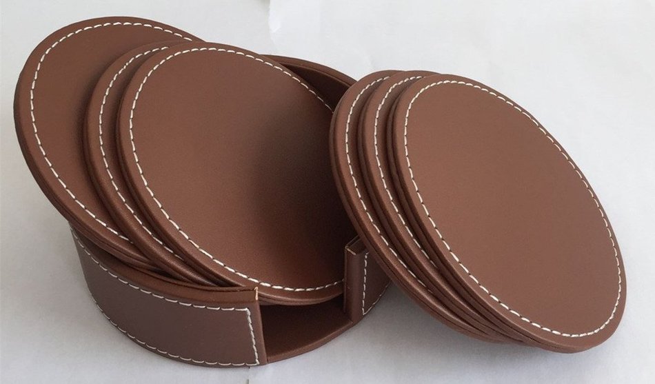 XICHEN&reg; Leather Coasters - Upscale With Coaster Holder Sleek -6 Piece Set With Holder (Chocolate Brown) N20
