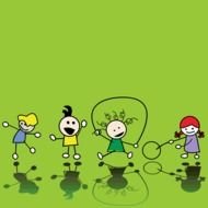 Stick Figure Kids Playing on lawn, drawing