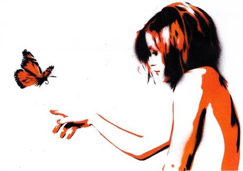 butterfly flies to the girl’s hand
