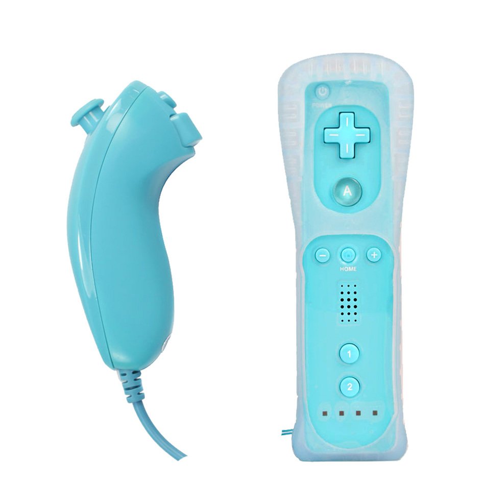 blue remote and nunchuck