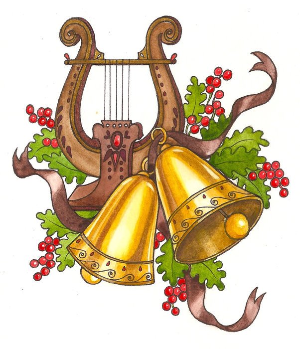 hand-drawn bells, harp and holly