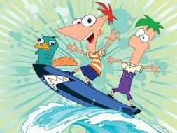 Phineas And Ferb, cartoon characters on surf board